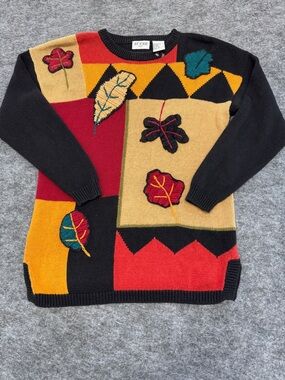 At Ease Colorblock Leaf Appliqué Crew Neck Sweater